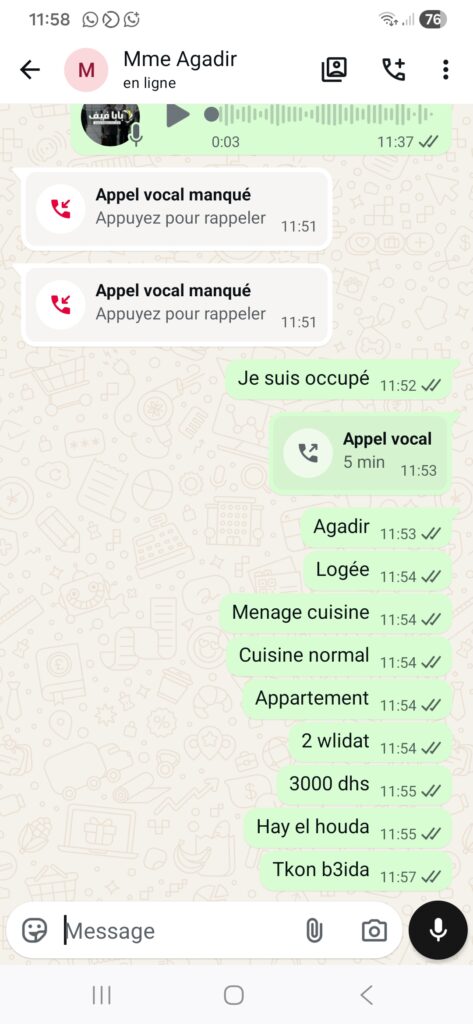 Femme de menage avec cuisine katbat agadir